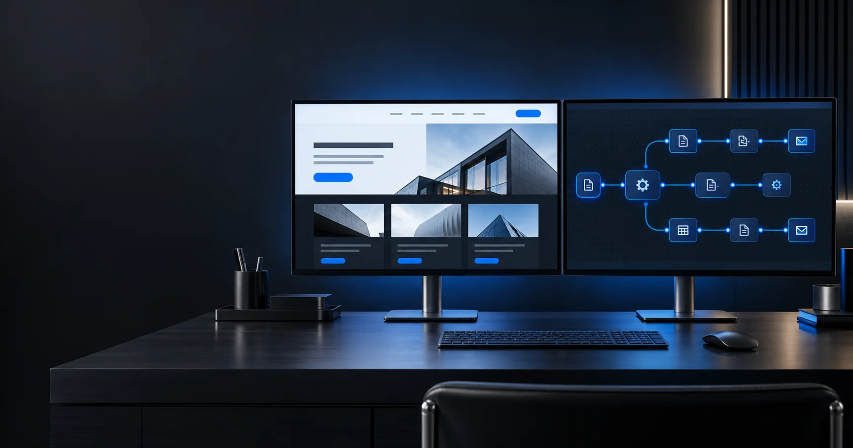 KI-generierte Illustration eines fiktiven Arbeitsplatzes mit Website und Automatisierungsworkflow auf zwei Monitoren
