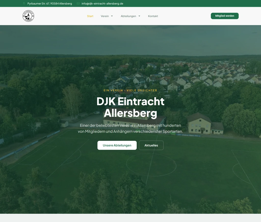 Screenshot der Vereinswebsite der DJK Eintracht Allersberg mit Sportgelände
