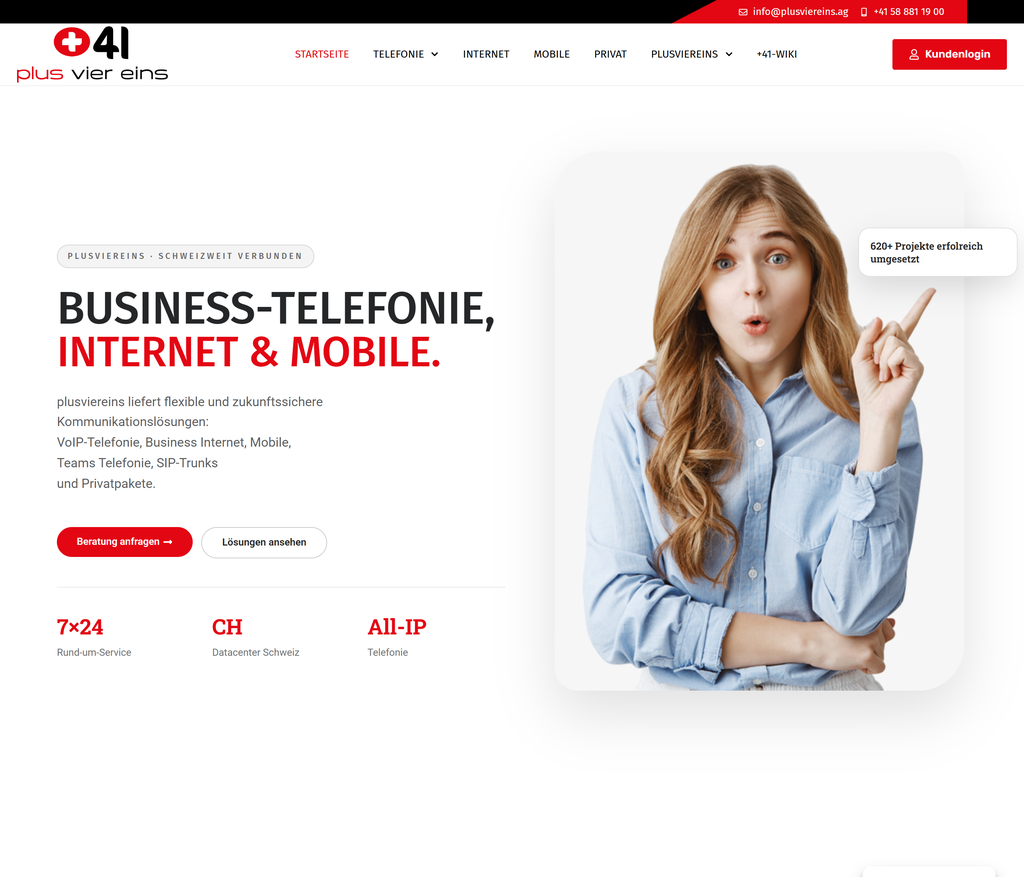 Screenshot der Website von plusviereins.ag für Telefonie, Internet und Mobile